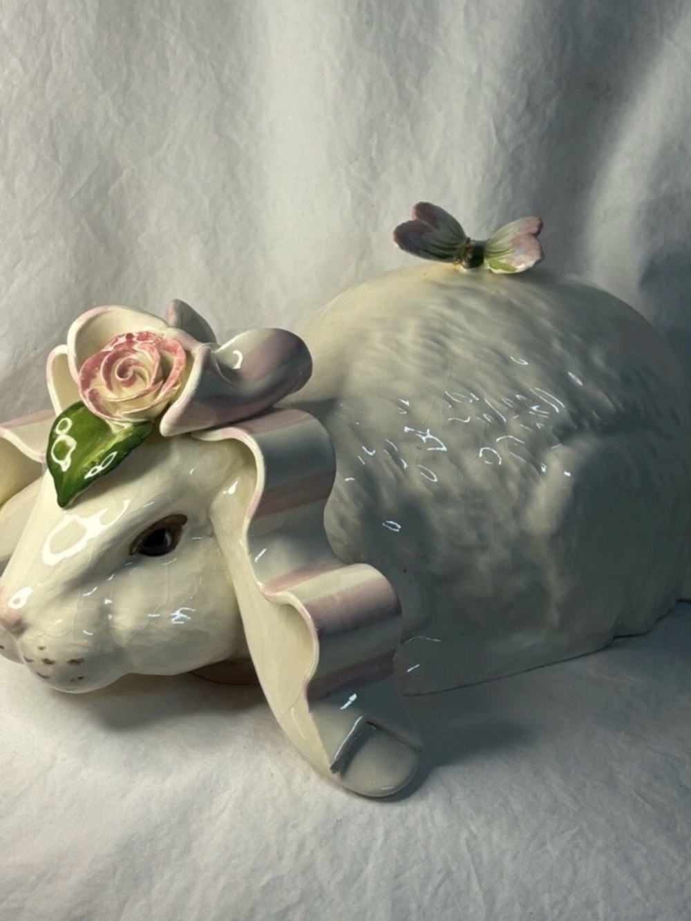Paper Windows White Ceramic Bunny Figurine with Pink Rose Accent